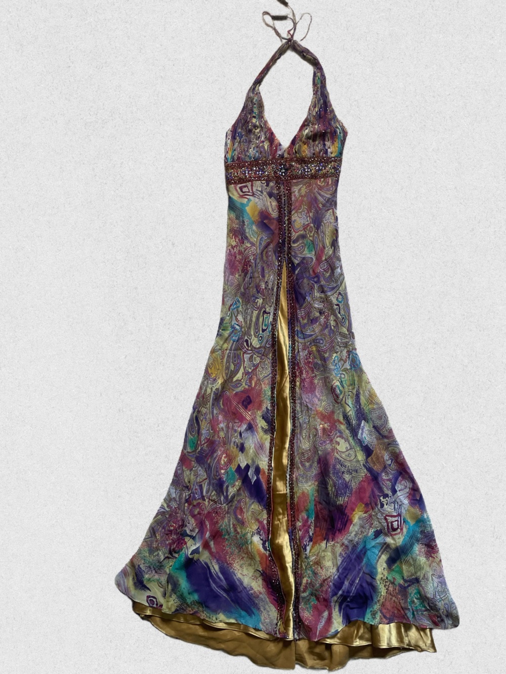 Y2K Sue Wong Paisley Print Halter Maxi Dress with Beaded Waist - Picture 3 of 10